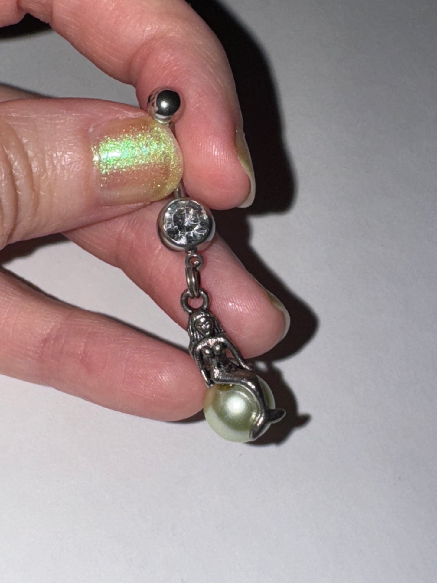 Mermaid on Green Pearl Dangle Belly Ring