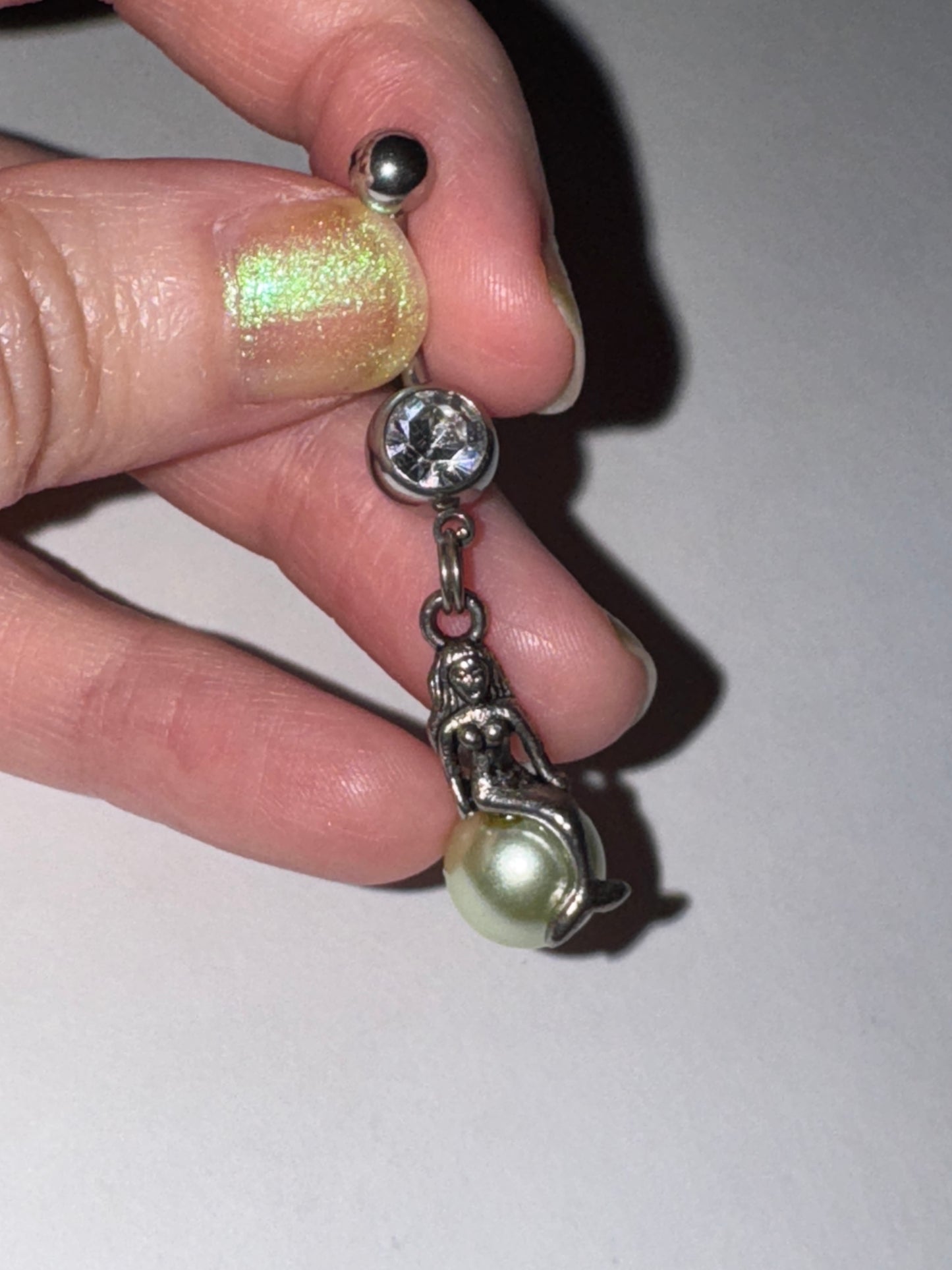 Mermaid on Green Pearl Dangle Belly Ring