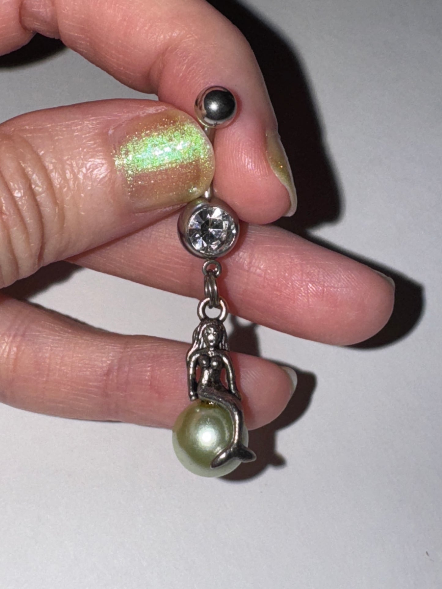 Mermaid on Green Pearl Dangle Belly Ring