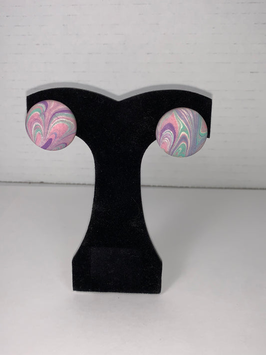 Pastel Swirl Round Fabric Button Post Earrings