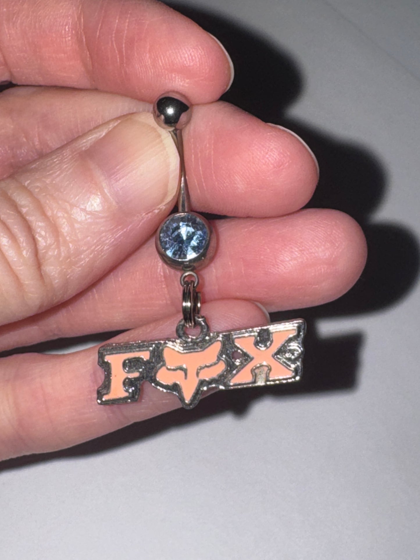 Pink Fox Dangle Belly Ring, Blue Gem