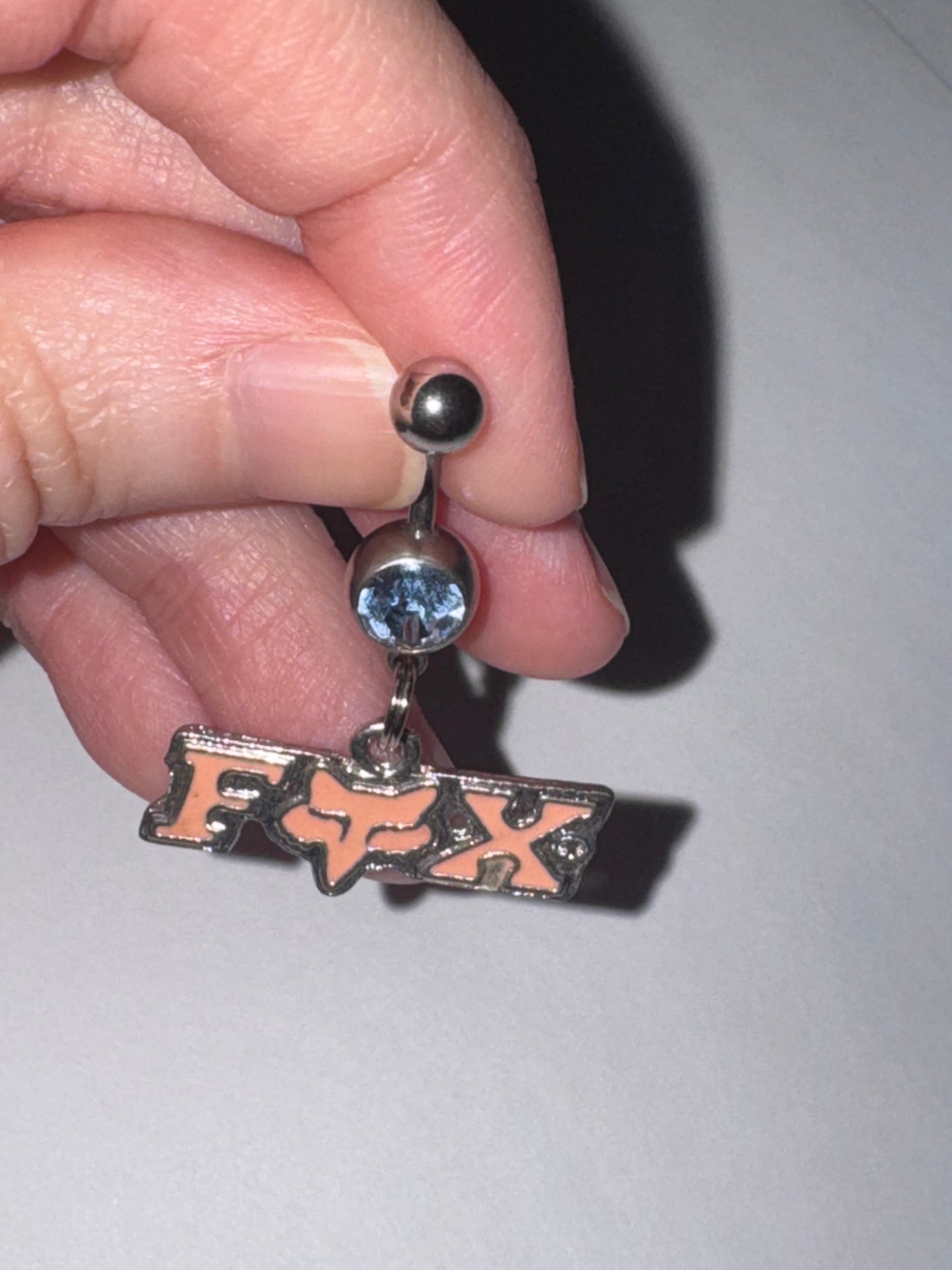 Pink Fox Dangle Belly Ring, Blue Gem