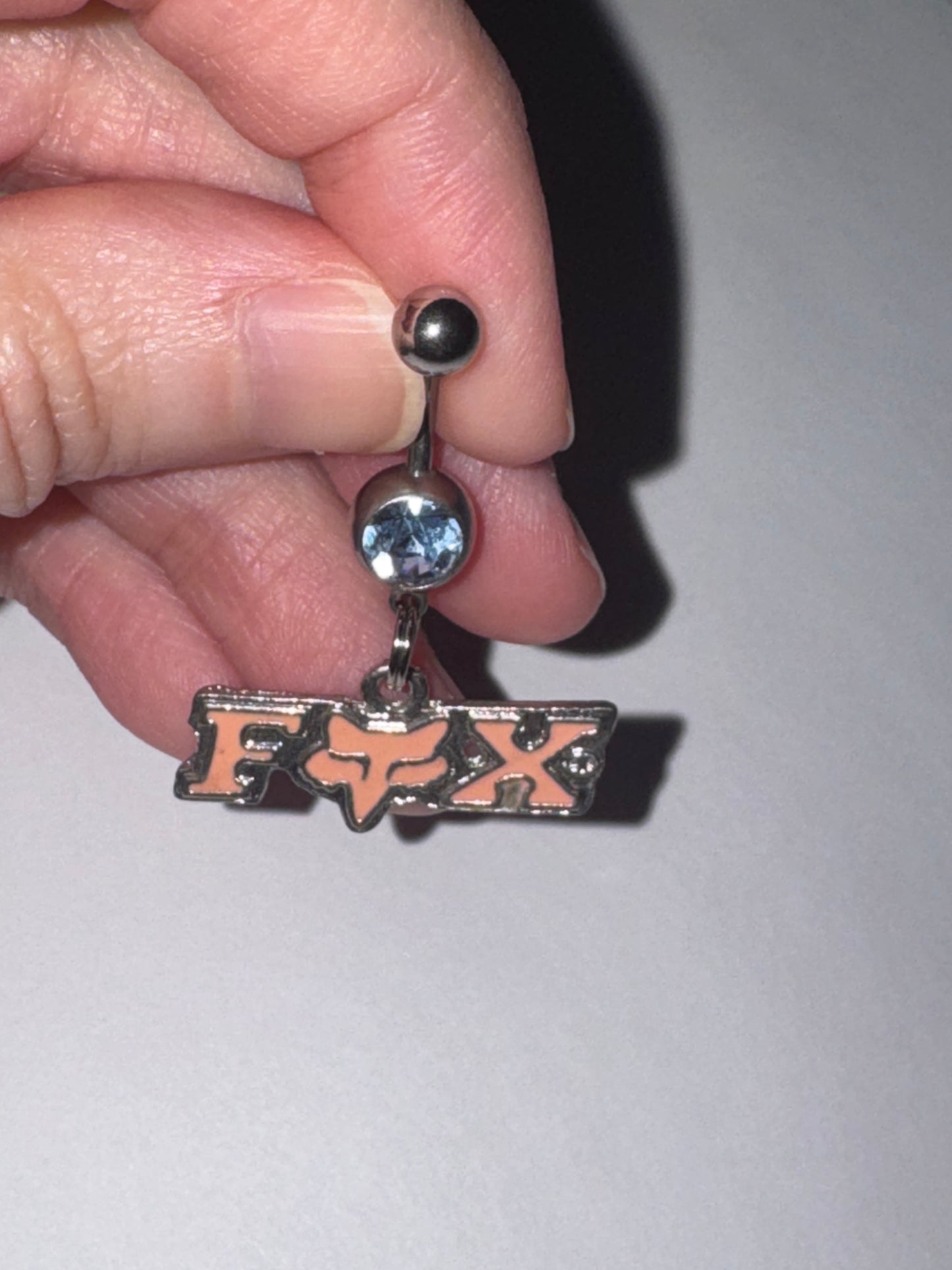 Pink Fox Dangle Belly Ring, Blue Gem