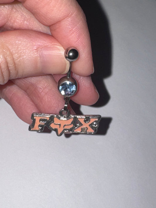 Pink Fox Dangle Belly Ring, Blue Gem