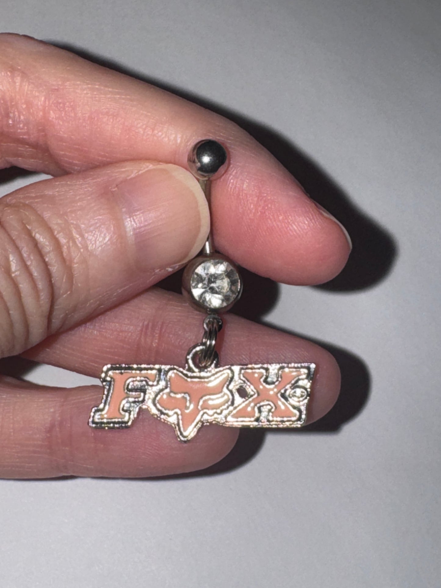 Pink Fox Dangle Belly Ring, Clear Gem