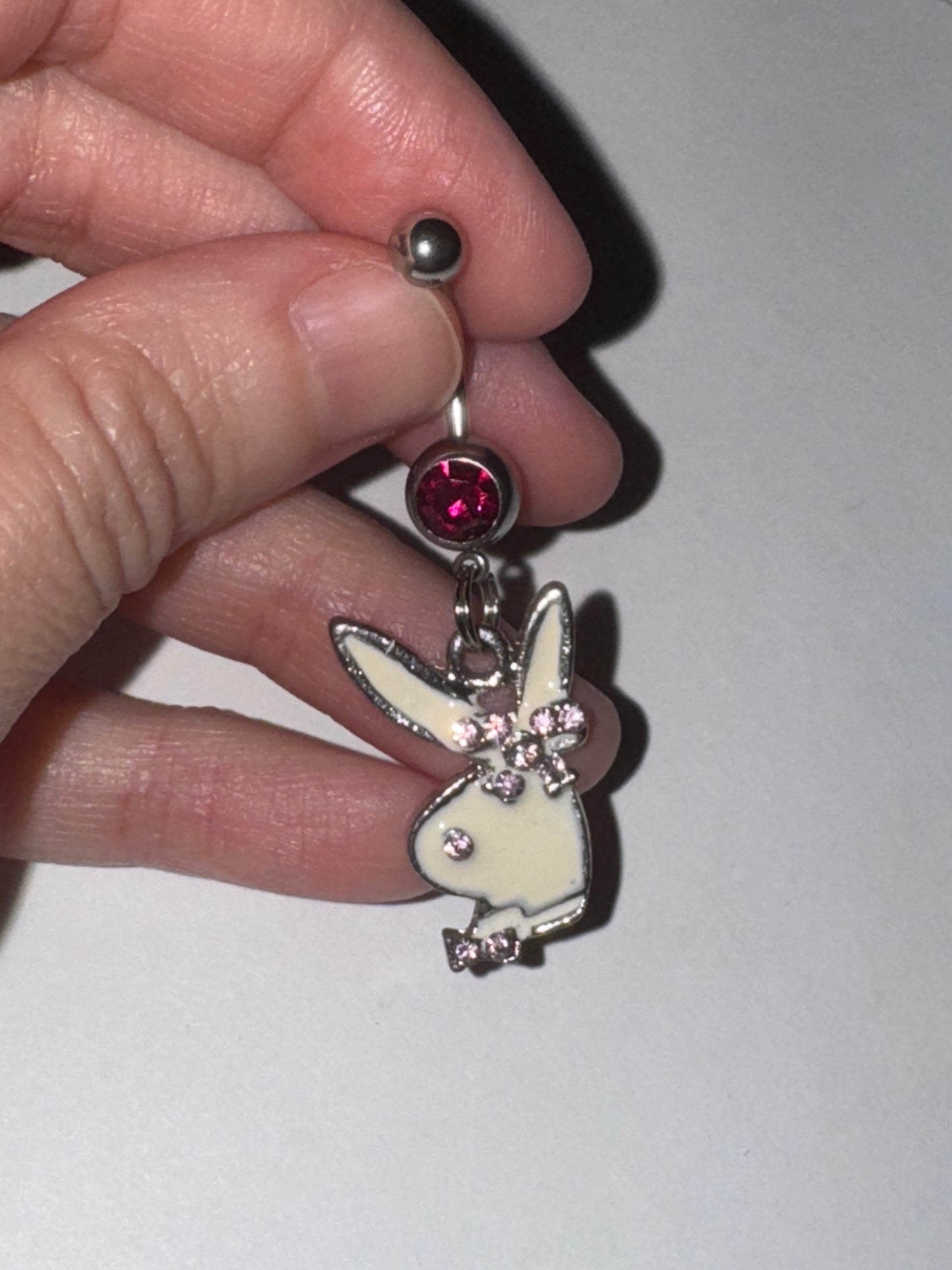 Hot Pink and white Play boy-looking Bunny Dangle Belly Ring
