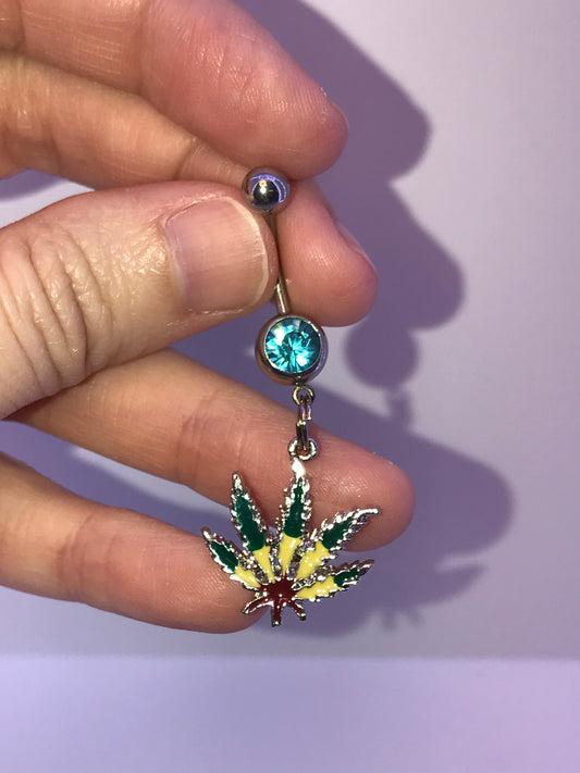 Aqua Blue Gem Dark Rasta Pot Leaf Dangle Belly Ring