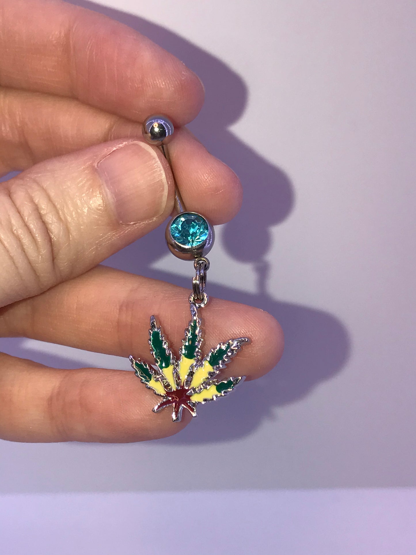 Aqua Blue Gem Dark Rasta Pot Leaf Dangle Belly Ring