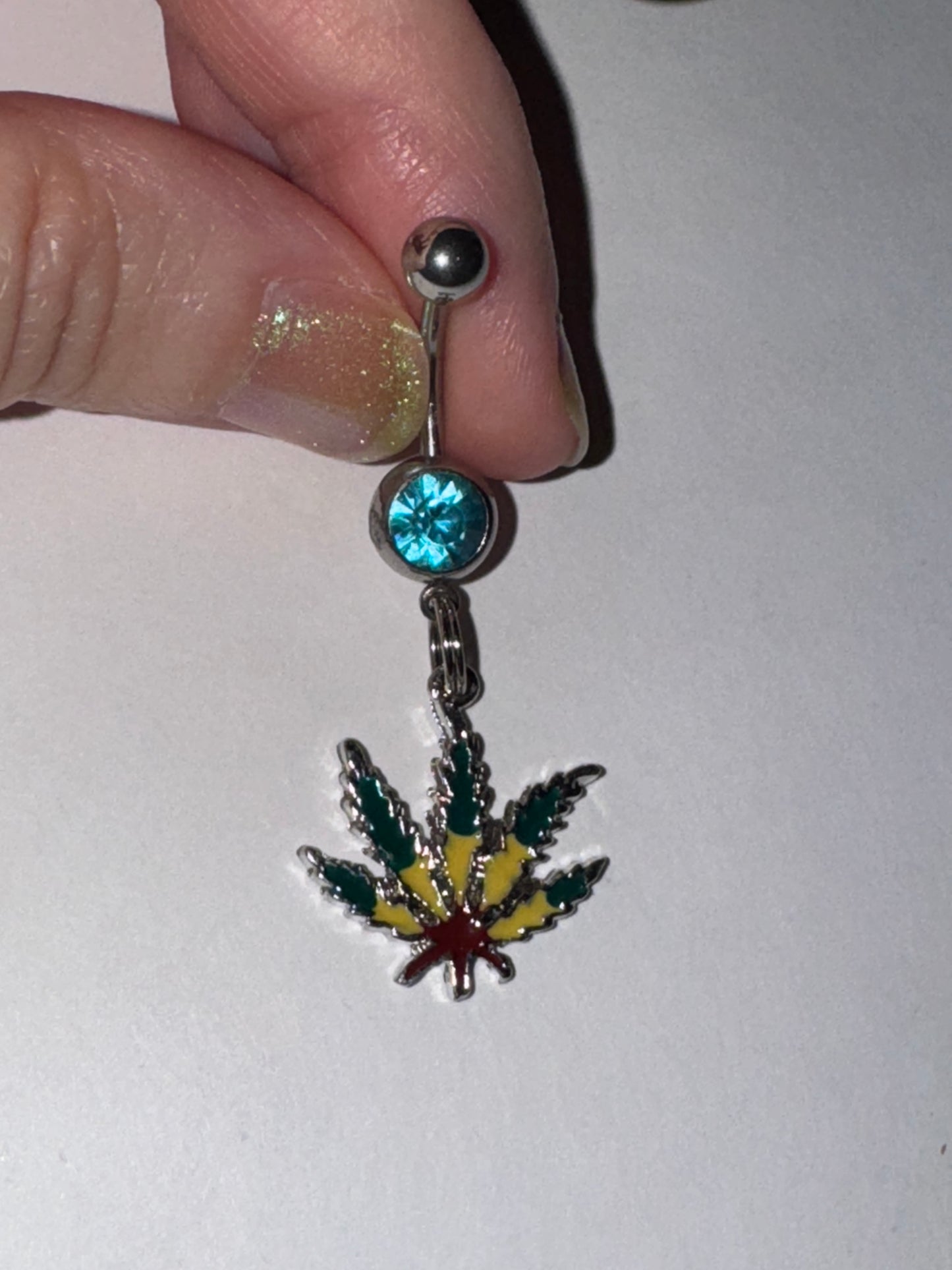 Aqua Blue Gem Dark Rasta Pot Leaf Dangle Belly Ring