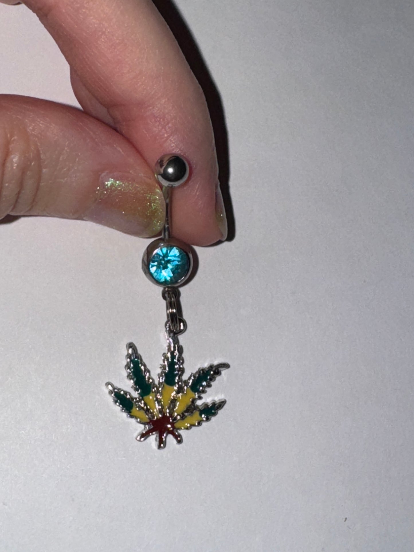 Aqua Blue Gem Dark Rasta Pot Leaf Dangle Belly Ring