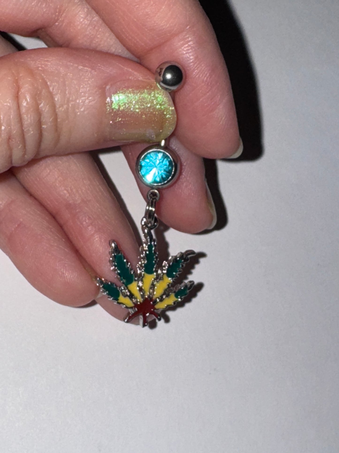Aqua Blue Gem Dark Rasta Pot Leaf Dangle Belly Ring