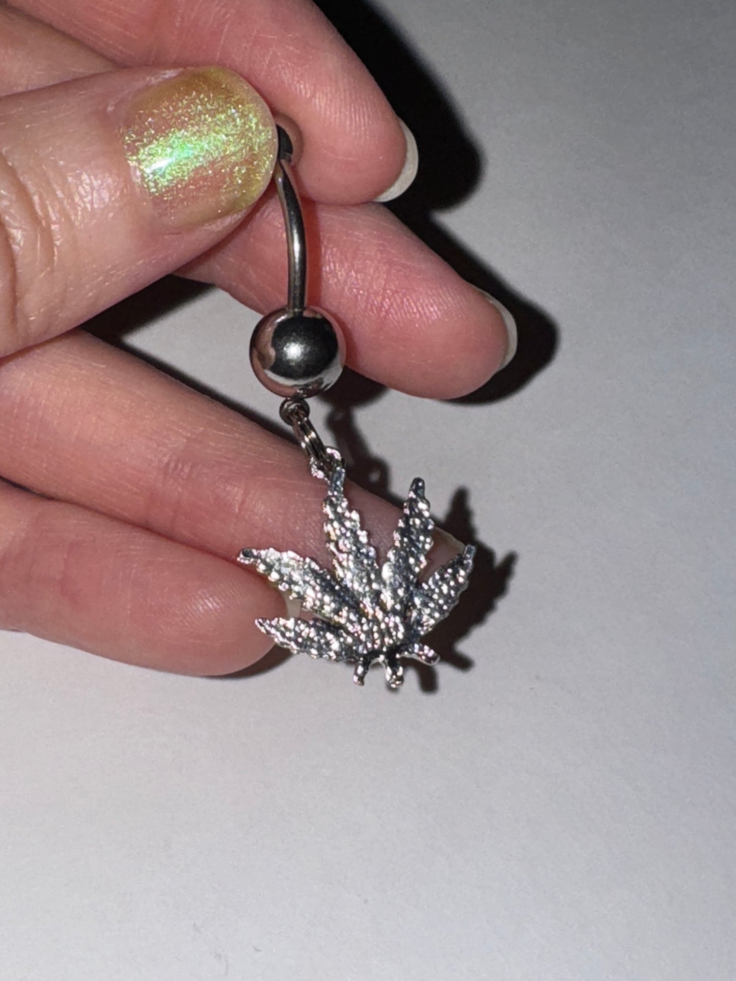 Aqua Blue Gem Dark Rasta Pot Leaf Dangle Belly Ring