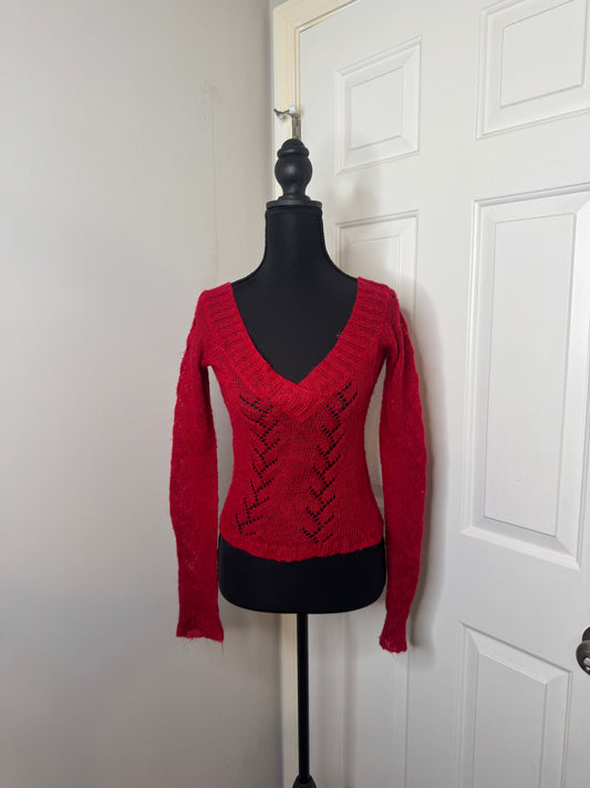 Red Deep V Neck Sweater by One Step Up, Size Medium