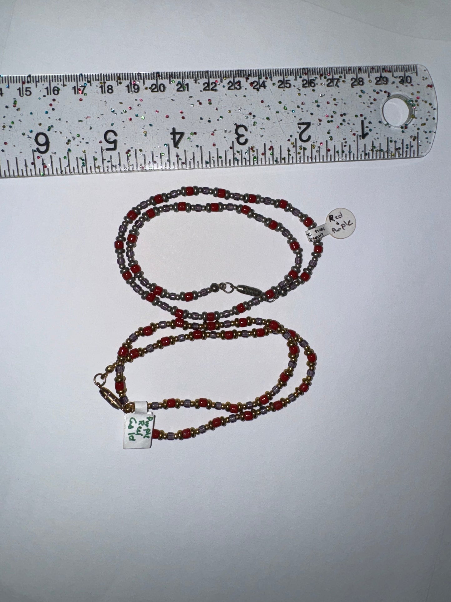 14" Long Red, Purple, and Gold Beaded Necklace