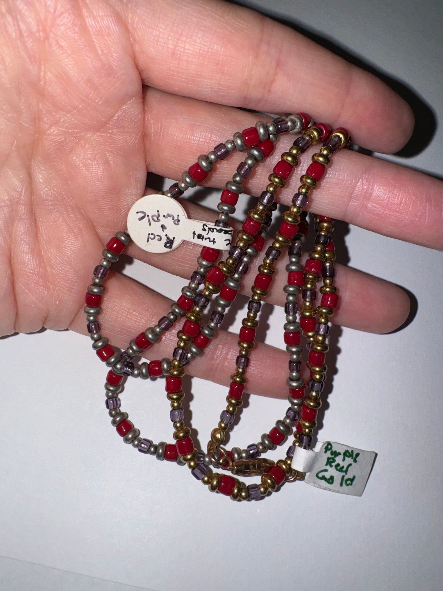 14" Long Red, Purple, and Gold Beaded Necklace
