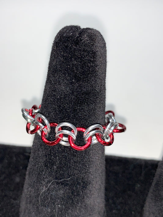 Red and Silver Chainmail ring, Size 11