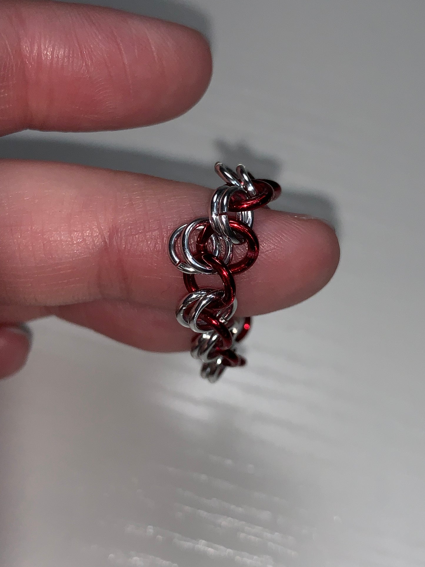 Red and Silver Chainmail ring, Size 11