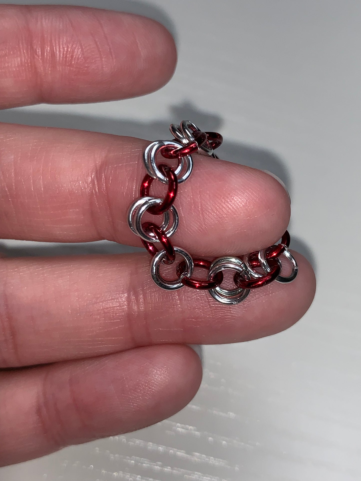 Red and Silver Chainmail ring, Size 11