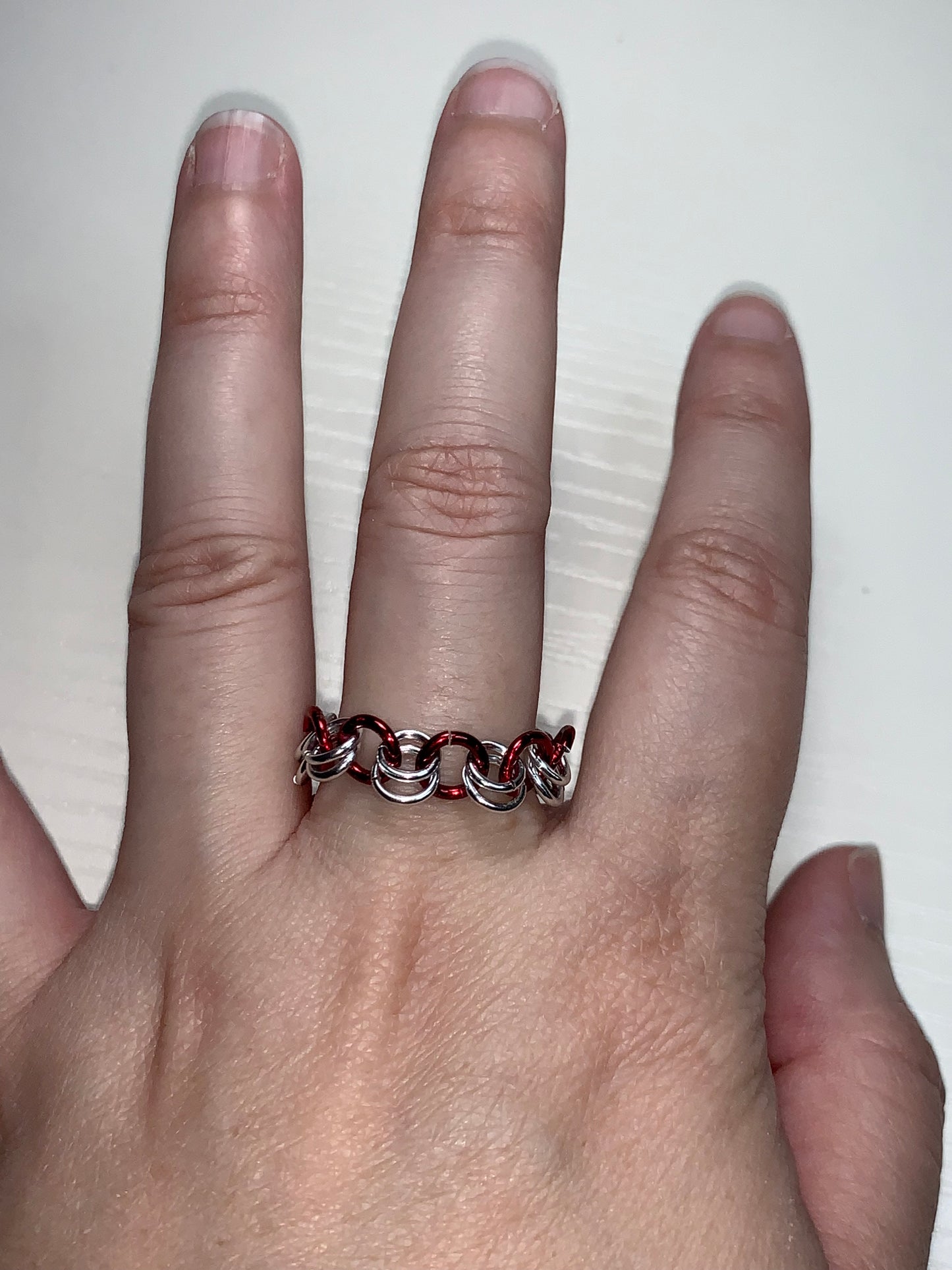 Red and Silver Chainmail ring, Size 11