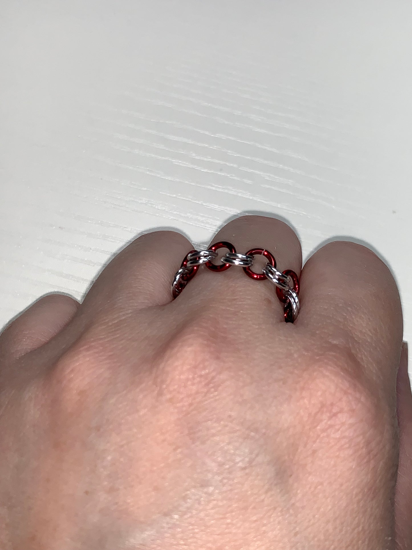 Red and Silver Chainmail ring, Size 11