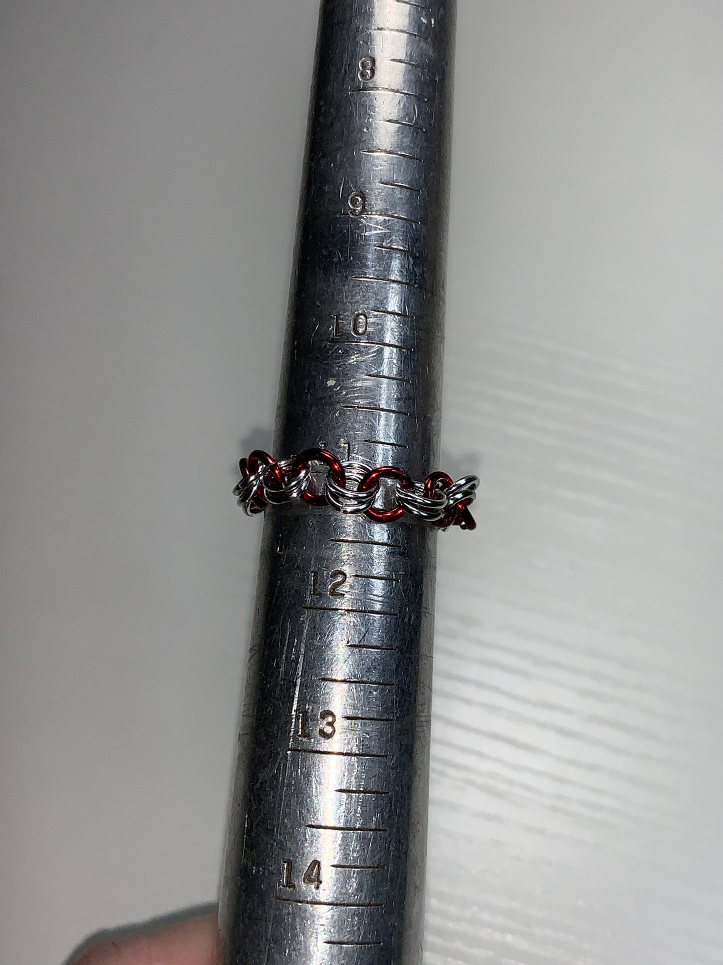Red and Silver Chainmail ring, Size 11