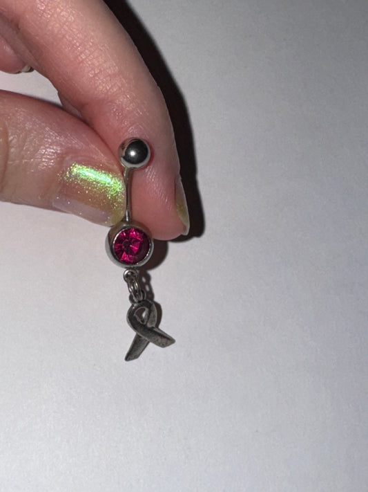 Hot Pink Awareness Ribbon Dangle Belly Ring