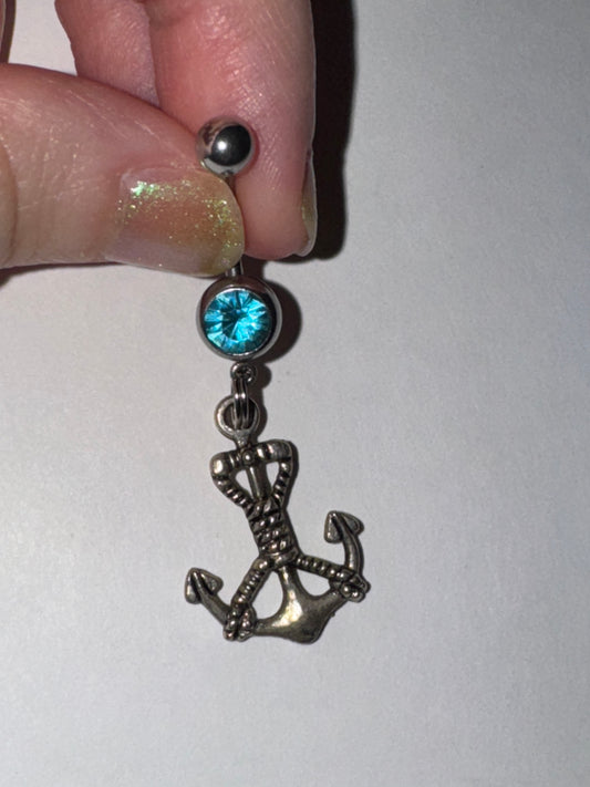 Large Anchor with Rope and Aqua Blue Gem Dangle Belly Ring