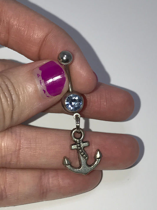 Small Anchor with Light Blue Gem Dangle Belly Ring