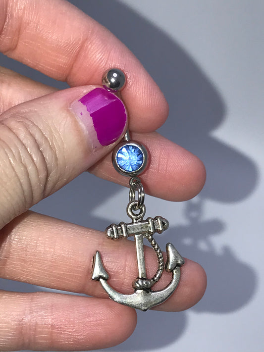 Large Anchor with Rope and Light Blue Gem Dangle Belly Ring