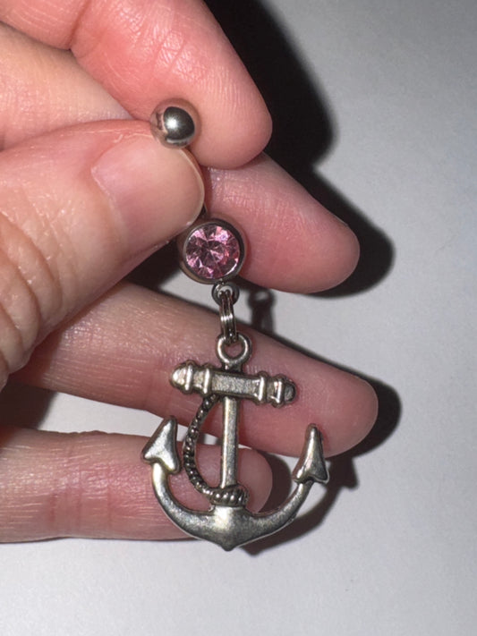 Large Anchor with Rope and Pink Gem Dangle Belly Ring