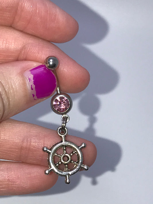 Pink Gem Nautical Wheel Design Dangle Belly Ring