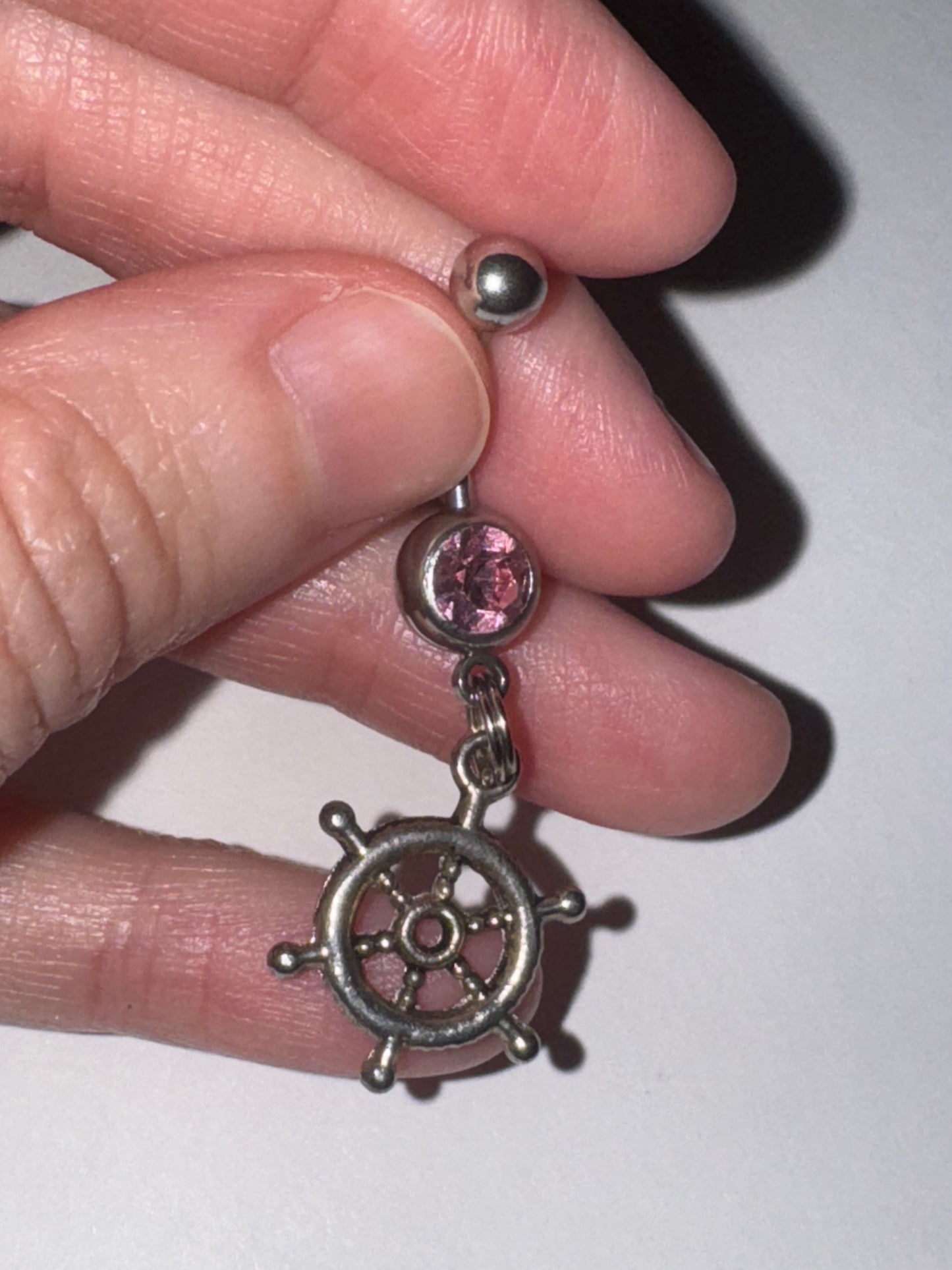 Pink Gem Nautical Wheel Design Dangle Belly Ring