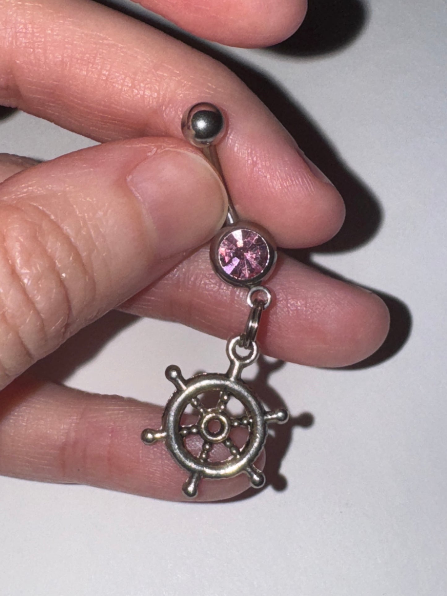 Pink Gem Nautical Wheel Design Dangle Belly Ring
