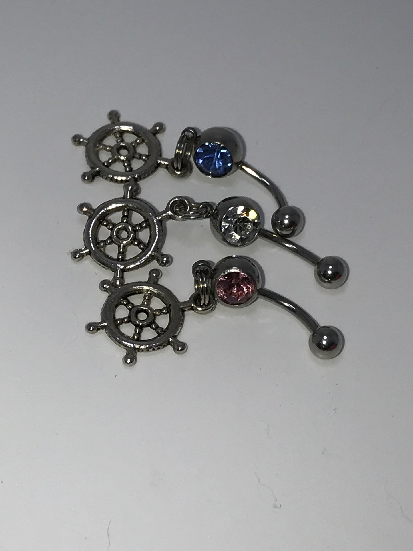 Pink Gem Nautical Wheel Design Dangle Belly Ring