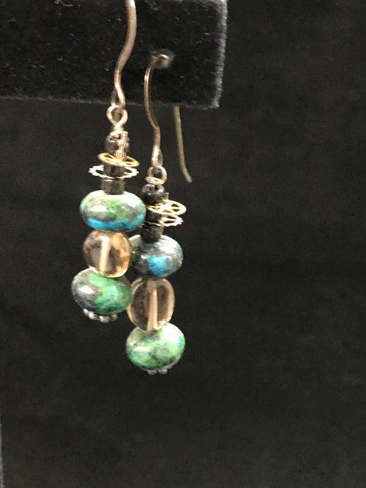 Steampunk Style Yellow Turquoise and Smoky Quartz Earrings