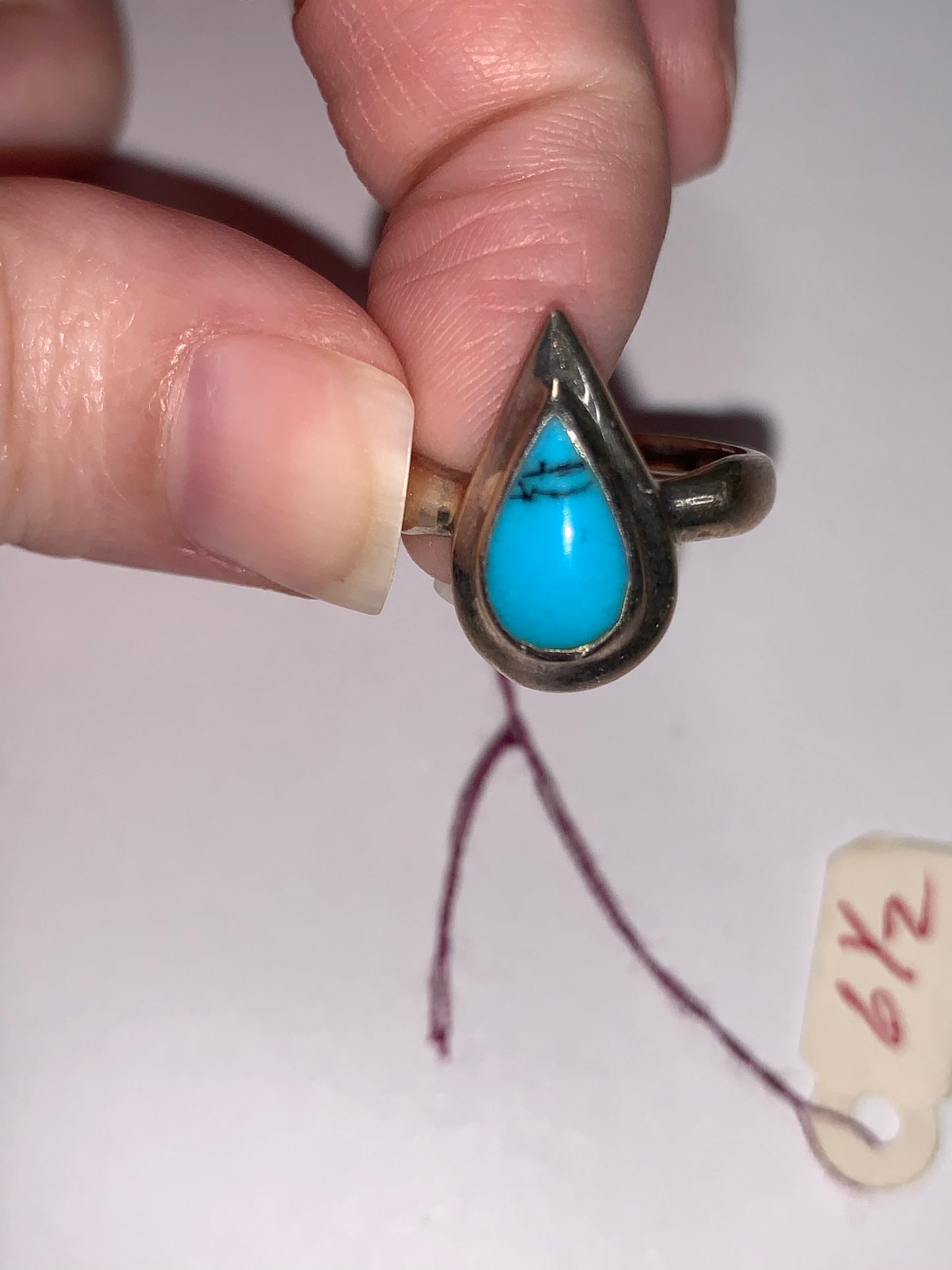 Turquoise Teardrop and Silver Ring, Size 6 1/2