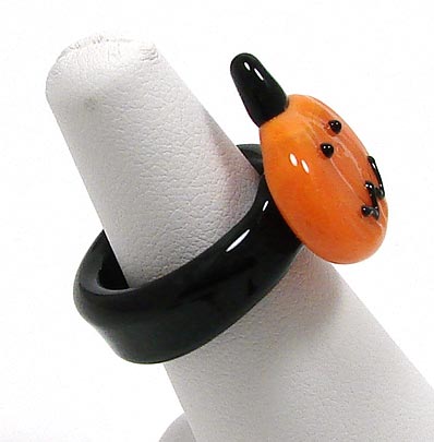 Lampwork Glass Jack-O-Lantern Ring, Size 7 1/2 to 8