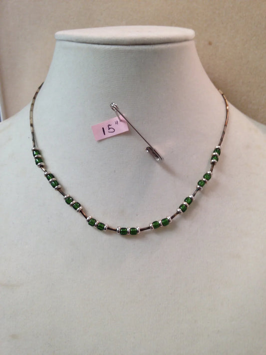 15" Shiny Green And Silver Seed Bead Necklace