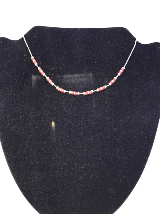 15 1/4" Frosted Orange Red and Silver Beaded Necklace