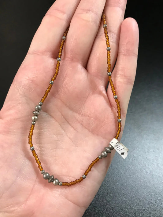 14 3/4" long Amber Brown and Silver Beaded Necklace