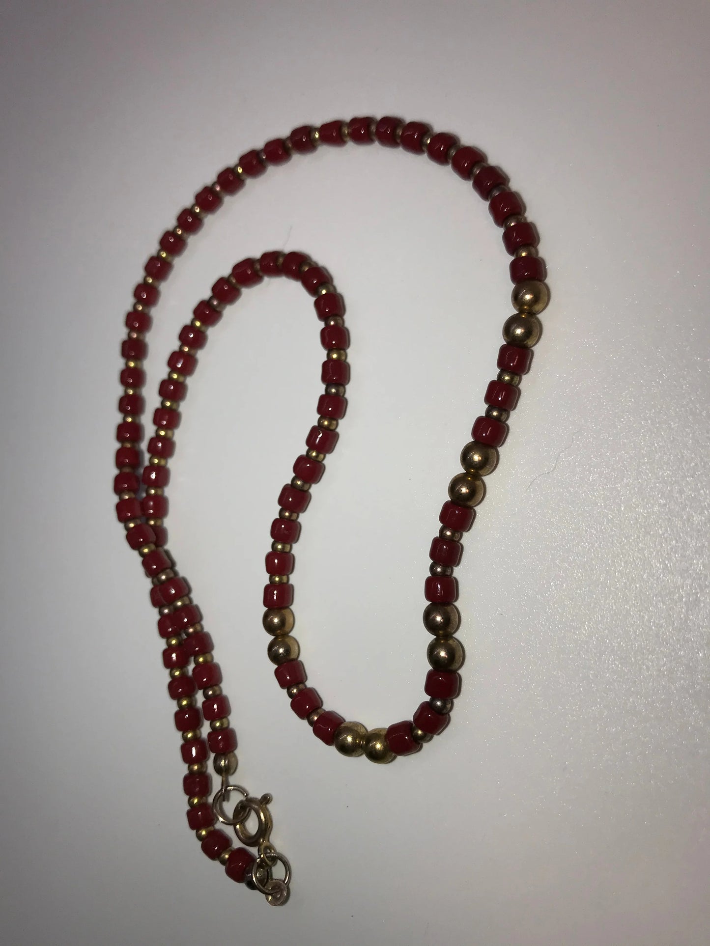16" Long Red and Gold Beaded Necklace