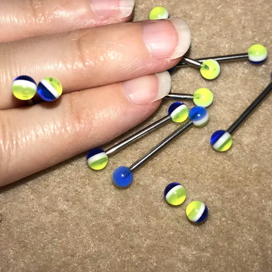 14 Gauge Blue, yellow and white stripe design tongue ring