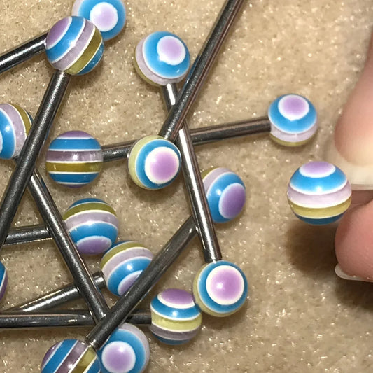 14 Gauge Lavender, Aqua Blue, Clear, and Yellow striped Tongue Ring