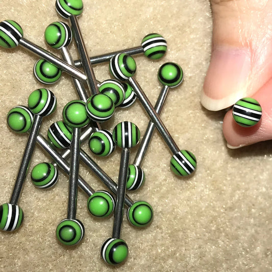 14 Gauge Black, green, and white striped design Tongue Rings