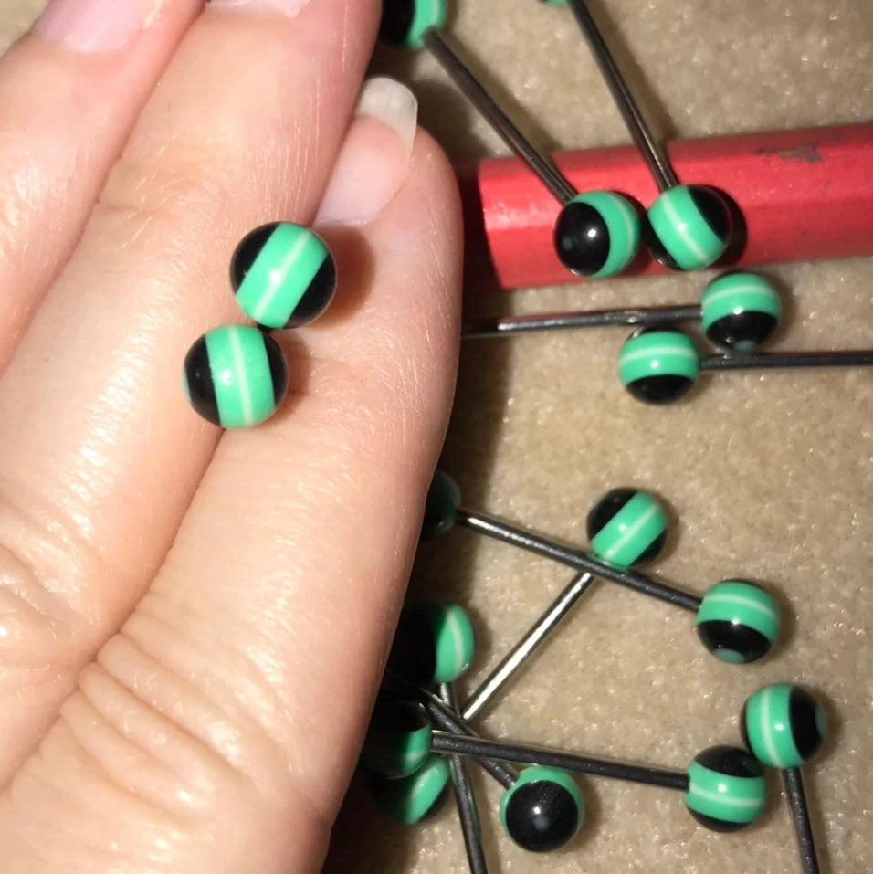 14 Gauge Black with green and white stripe design tongue ring