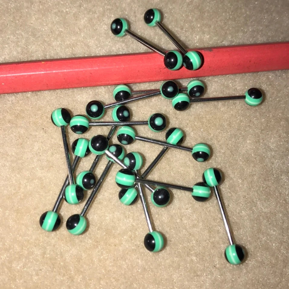 14 Gauge Black with green and white stripe design tongue ring
