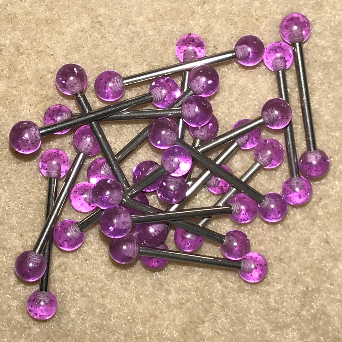 14 Gauge Purple Clear and Silver Glitter Design Tongue Ring
