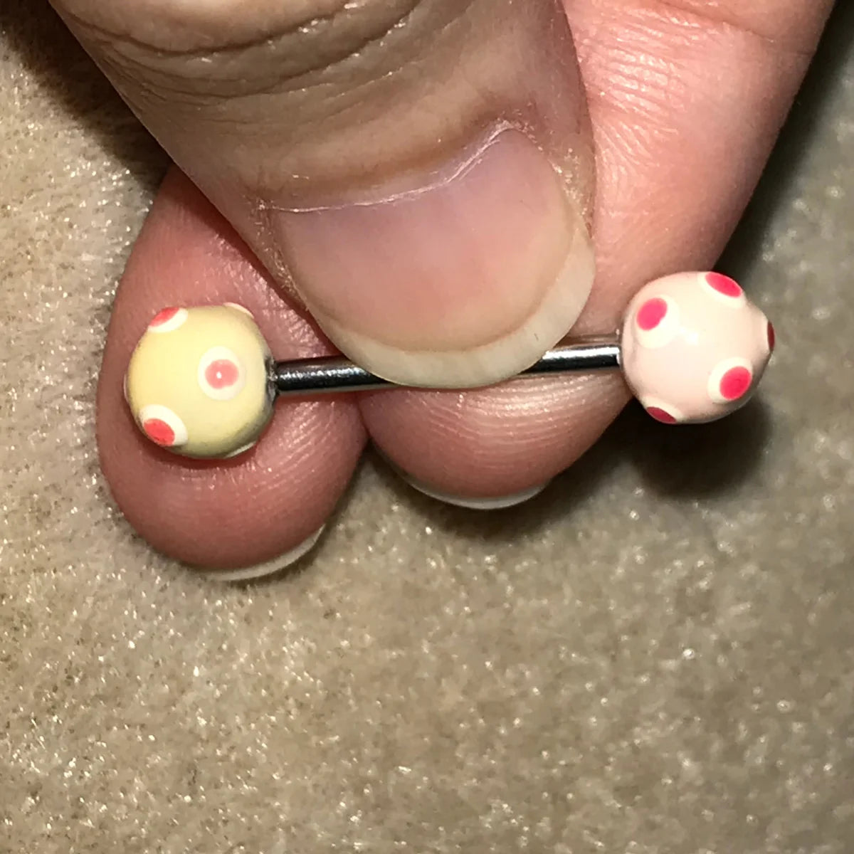 14 Gauge White and Pink Polka Dot Tongue Ring