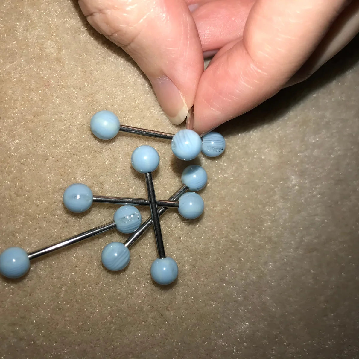 14 Gauge Light Blue, clear and glitter striped Tongue Ring