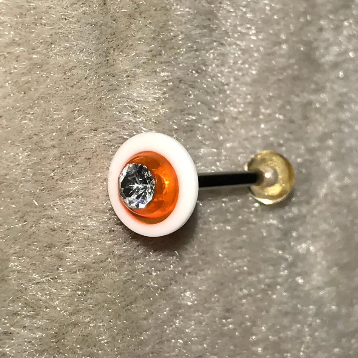 14 Gauge Orange and white with Clear Rhinestone Space Ship Tongue Ring